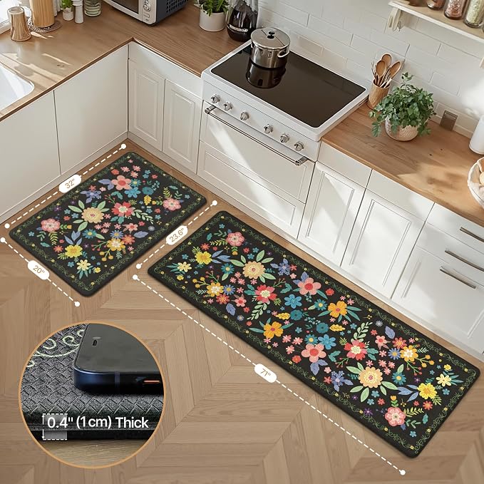 GENIMO Anti Fatigue Kitchen Mats for Floor 2PCS, Cushioned Standing Mats | 23"x71"&20"x32", Black vintage floral rug set, waterproof, non slip, easy-clean for farmhouse