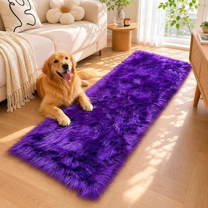 EasyJoy Faux Sheepskin Rug, Fluffy Faux Fur Rug, Ultra Soft Shag Area Rug with Non-Slip Backing for Bedroom, Living Room, Nursery, Kids Room(2x6 ft Rectangle, Dark Purple)