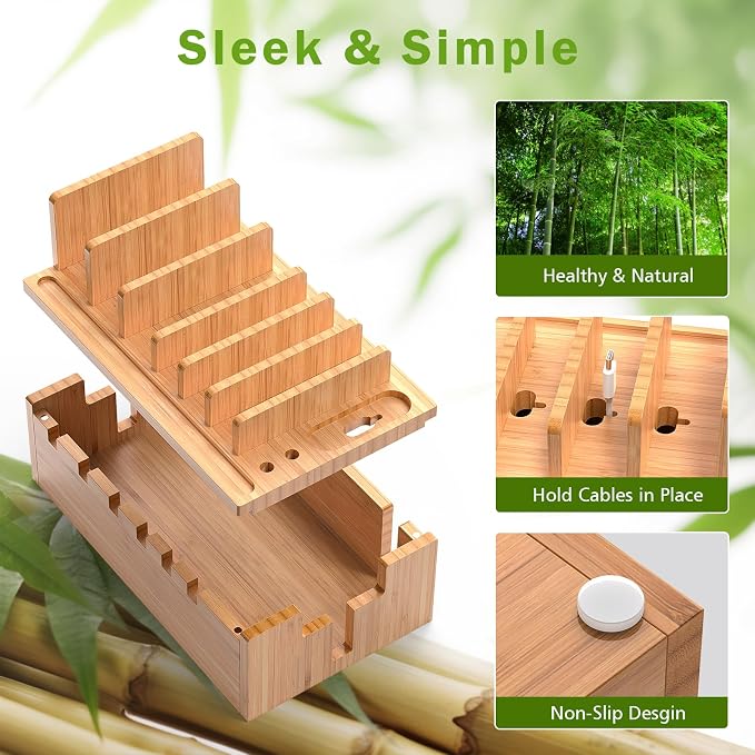 Pezin & Hulin Bamboo Charging Station with 5-Port USB & 5 Cables | All-in-One, 5-Port USB HUB Included, 8-Device Organizer, Natural Bamboo, Hidden Cord Compartment, Magnetic Base, Watch Stand