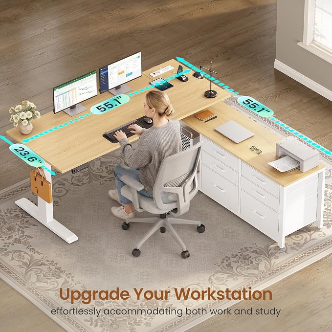 SEDETA L Shaped Electric Standing Desk, 55" x 55" Height Adjustable Office Executive Desk with 6 Fabric Drawers and Storage Shelves, Sit Stand Computer Desk with Power Outlet