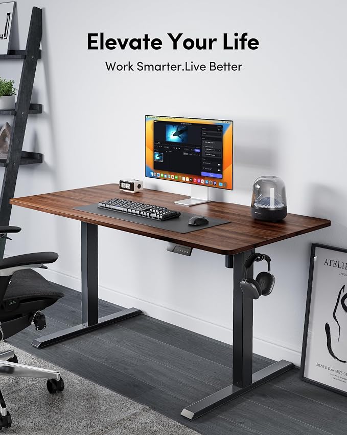 FEZIBO Standing Desk, 55×28 Inches Electric Height Adjustable, Sit Stand Up, Computer Office Desk with Splice Board, Black Frame/Black Walnut TOP