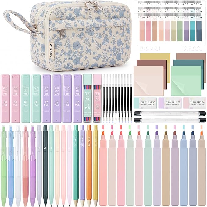 WOBAGMEN 62PCS Aesthetic School Supplies with Quilted Pencil Case, Pastel Highlighters, Gel Pens Mechanical Pencils Set, Cute Back to School Supplies, College Essentials (Blue Floral, M)