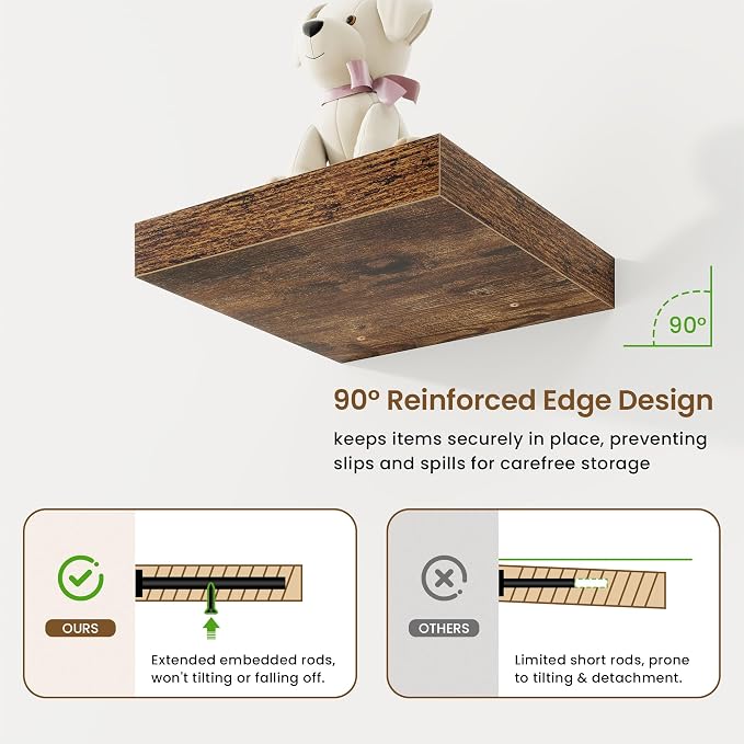 Square Floating Shelves for Wall, 10"W x 10"D x 1.25"H, 3 Packs Small Wall Mounted Engineered Wood Shelves with Invisible Brackets for Living Room, Bedroom, Bathroom, Kitchen Decor, Rustic Brown