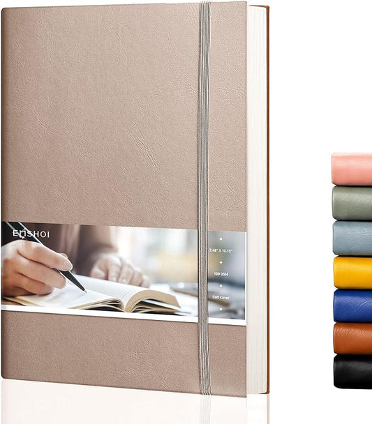 EMSHOI Dotted Journal Notebook, B5 Large Softcover Leather Journal, 192 Numbered Pages 100gsm Thick Dot Grid Notebook for Journaling Drawing Women Men Work School, 7.48"x10.15"-Khaki