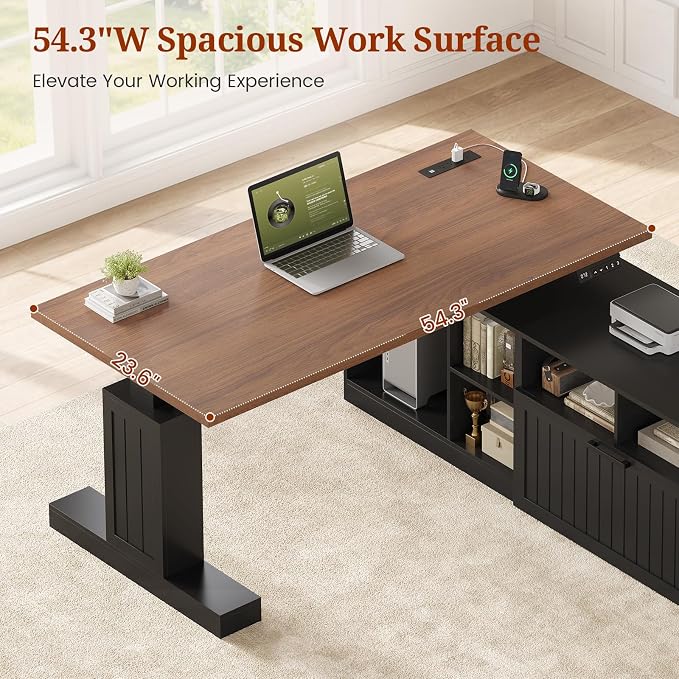 Farmhouse L Shaped Standing Desk with Lateral File Cabinet, 55.1" X 54.3" Electric Executive Desk Adjustable Height with Power Outlets, Shelves, Sit Stand Corner Computer Desk for Home Office, Black