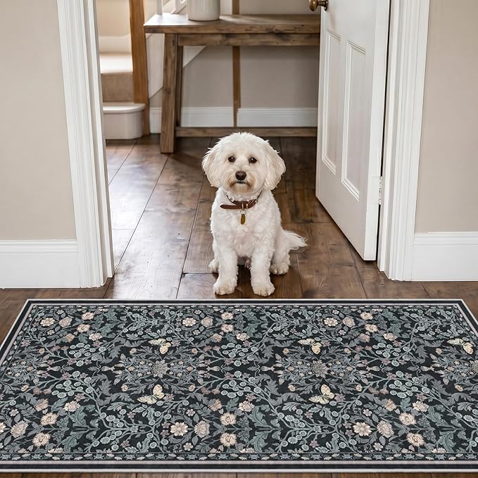 Puino Washable 2x4 Runner Rug: Soft Vintage Floral Non Slip Rubber Backing Floor Mat for Entryway Low Pile Stain Resistant Carpet for Hallway Kitchen Bedroom Bathroom Bedside Home Decor Dark Botanical