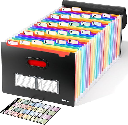 Sooez 26-Pocket Accordion File Organizer, Upgraded Expanding File Folder with Unobstructed A-Z Tabs, Premium Bill Tax Receipt Document Organizer Storage for Letter/A4 Size Paper, School Office & Home