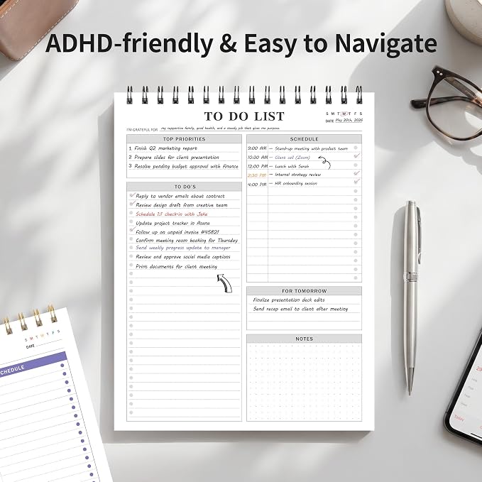 To Do List Notepad Notebook for Work 8.5"x11"Undated Daily Planner | Checklist Note Pad with Schedule, Task Tracker, Stay Organized, Office Supplies & Desk Accessories, 52 Tear-Off Sheets, Gray