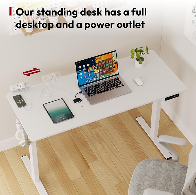 SANODESK Electric Standing Desk with Desk Clamp Power Strip 60"x 24" Whole-Piece Desktop Height Adjustable Stand Up Desk with Cable Management Sit Stand Home Office Desk White Frame/White Top