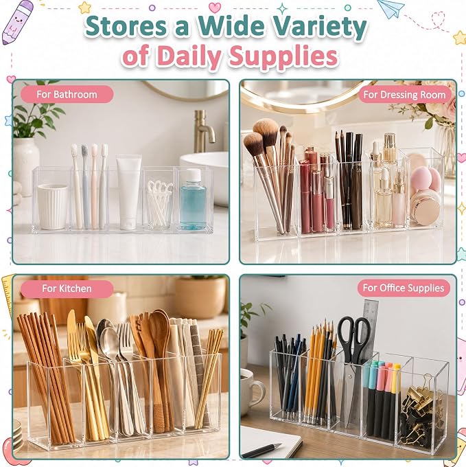 Mototo 2PCS Acrylic Pen Holder Back to School 5 Compartments Pen Organizer | Clear Pencil Cup Desktop Caddy Makeup Brush Storage Solution for Cosmetic Office Bathroom Kitchen Home Coffee Bar Container