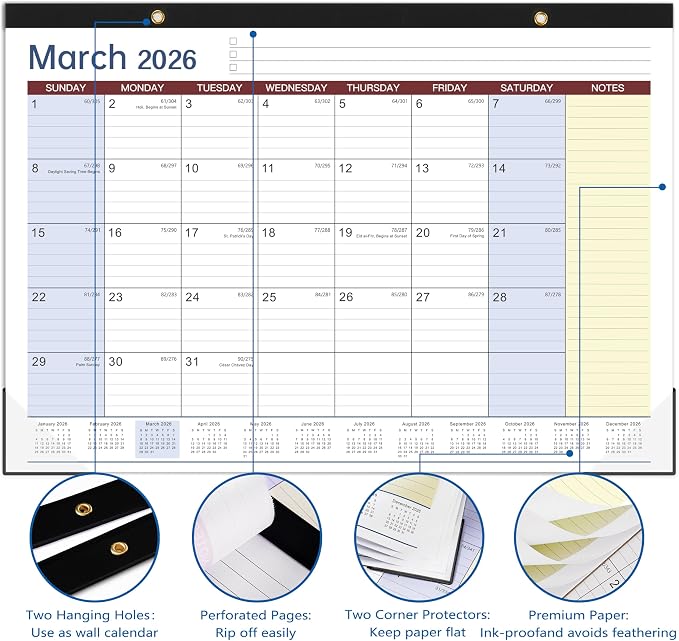 Desk Calendar 2026-2027 - 17" x 12" Desk Calendar 2026-2027, Mar. 2026 - Aug. 2027, Desk Pad Calendar, Desk/Wall Calendar 2-in-1 with Notes, Corner Protector, Blocks