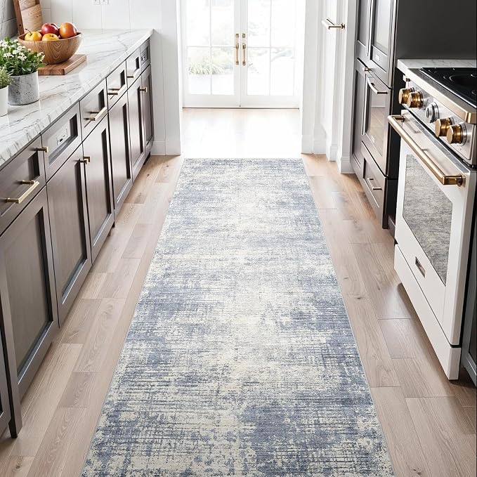3x6 Kitchen Washable Runner Rug - Non-Slip Hallway Rugs with Rubber Backing Abstract Neutral Low-Pile Carpet Runners for Laundry Room Home Decor Bedroom Bathroom Entryway (Blue Gray,3x6)