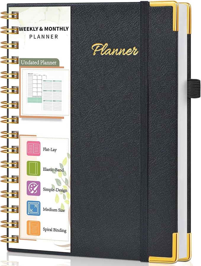 Undated Weekly Planner, Hardcover Leather Weekly & Monthly Calendar Blank Planner, To Do List Notebook with Goal & Habit Tracker Organizer, A5 Daily Planner with Spiral Binding, Ideal for Work School Home, Black