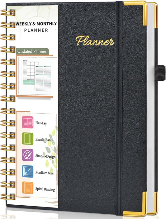 Undated Weekly Planner, Hardcover Leather Weekly & Monthly Calendar Blank Planner, To Do List Notebook with Goal & Habit Tracker Organizer, A5 Daily Planner with Spiral Binding, Ideal for Work School Home, Black