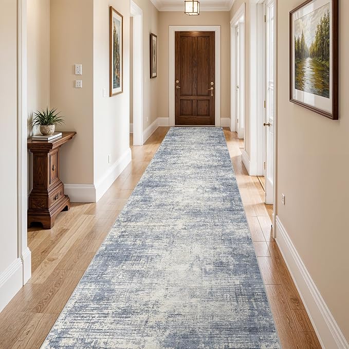 3x16 Hallway Washable Runner Rug - Non-Slip Kitchen Rugs with Rubber Backing Abstract Neutral Low-Pile Carpet Runners for Laundry Room Home Decor Bedroom Bathroom Entryway (Blue Gray,3x16)