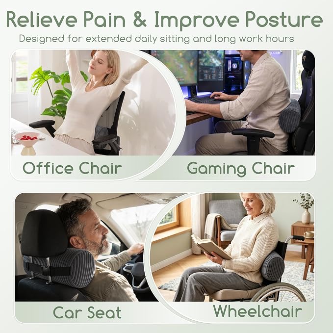 Lumbar Roll Lumbar Support Pillow for Office Chairs, Cars, and Gaming Chairs, Back Cushion with Washable Cover & Adjustable Strap to Relieve Back Pain and Improve Posture, 15"x6"x5", Dark Grey