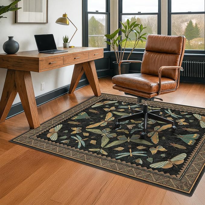 4'x5' Black Office Chair Mat for Hardwood Floors, Insect Boho Design,Non-Slip Low Pile Desk Rug, 48"x60" Small Area Rug for Computer Desk Home Office, Machine Washable WFH Essential for Dorm Room