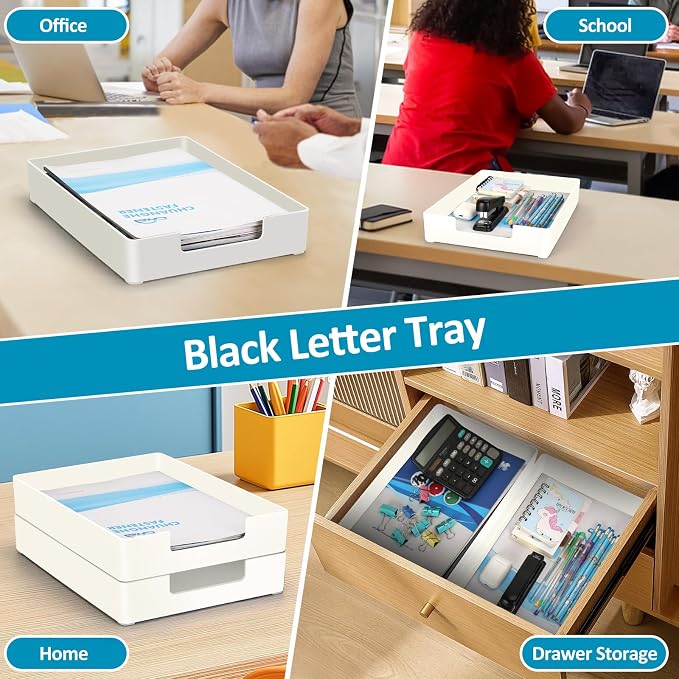 Paper Tray, Letter Tray, 2-Pack Desk Tray Organizer, Plastic A4 Letter-Size Printer Paper Holder, Rectangular Desktop Stackable File Mail Document Storage Container for Office Supplies School Home