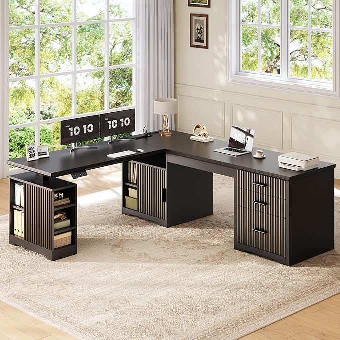 SEDETA Fluted L Shaped Electric Standing Desk, 63" x 67" Height Adjustable Home Office Executive Desk with Drawers and Shelves, Two Person Desk with Power Outlet for Home Office, Black