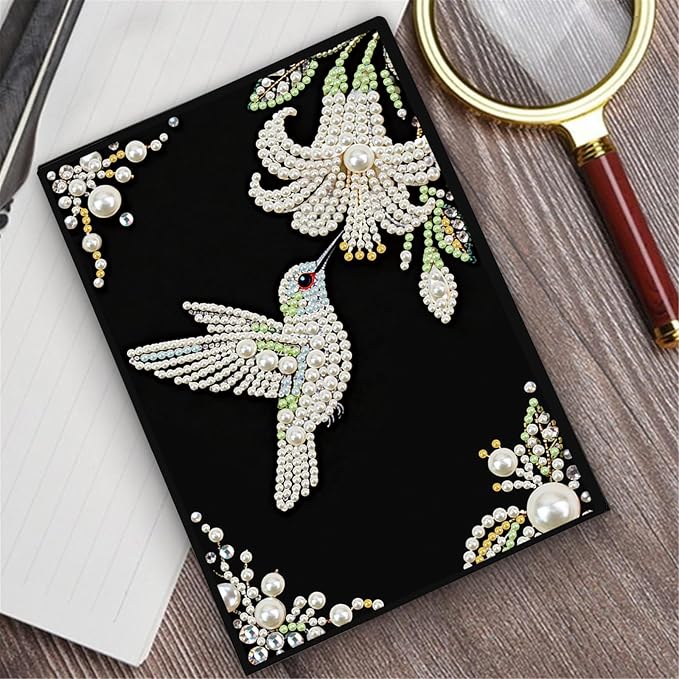 FRANDEK Pearl Painting Notebook Kit, Bird Flower A5 DIY Journal with 50 Blank Pages, Diamond Gem Art Cover with Waterproof Canvas, Beginner Craft Set with Full Tools for Adults