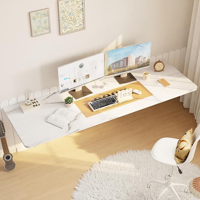 IAE Wall Mounted Floating Foldable Desk 60" x 22" Folding Computer Workstation Table with Engineered Wood and Metal Shelf Brackets,Fold&Floating Design for Home Office, Apartment,Laundry Room,White