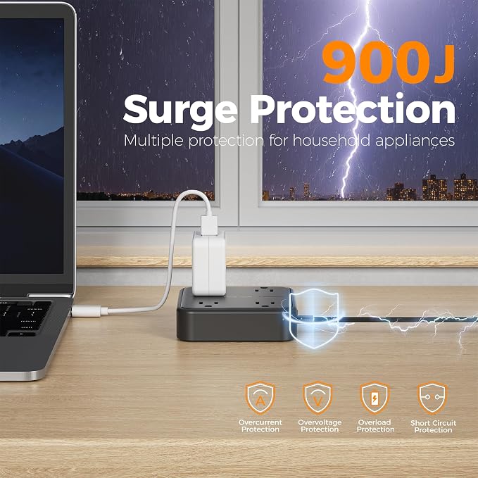 TESSAN Surge Protector Flat Extension Cord 10Ft, Flat Plug Power Strip with 4 Outlets 3 USB Ports (1 USB C), 900 Joules Protection, Multiple Wall Outlet Extender Suitable for Home Office Dorm, Black