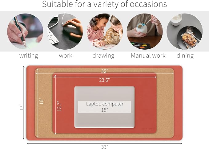 RENMTURE Dual-Sided Large Desk Pad, Faux Leather Natural Cork Mouse pad, Desk Accessories Protector, for Office and Home Work (Orange,36"x17")