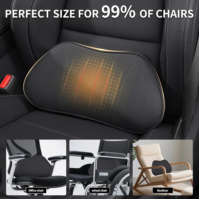 Car Lumbar Support Pillow for Driving Seat, Black, 1 Pack | Leather Memory Foam Lumbar Cushion for Lower Back Pain Relief, Universal Back Support for Driving, Home & Office Chairs