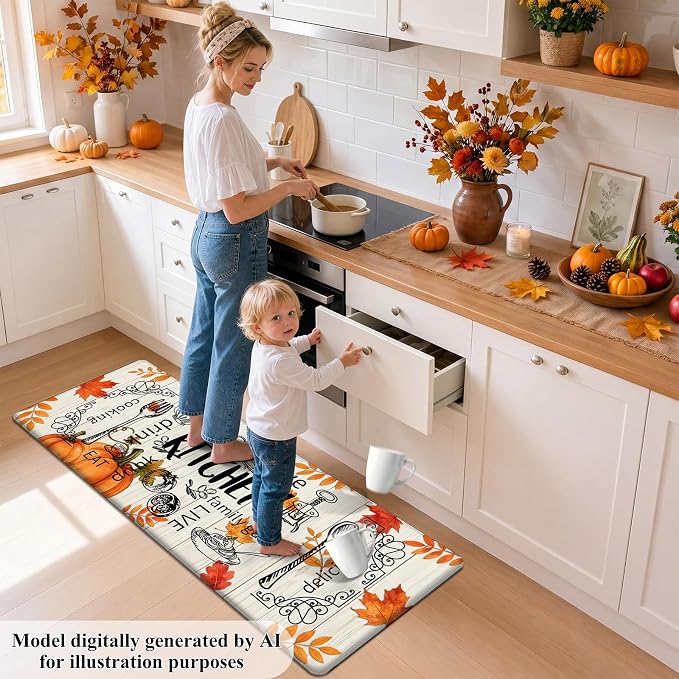 HEBE Fall Kitchen Mat Set of 2, Anti Fatigue Pumpkin Kitchen Mats for Floor | Cushioned Non Slip Autumn Kitchen Rugs and Runner Set, Waterproof Maple Leaf Floor Carpet for Harvest Thanksgiving