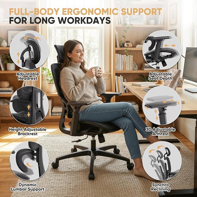 Magshion Mesh Office Chair, Ergonomic Desk Chair, Swivel Executive Chair | Adjustable Headrest, 3D Armrests, Tilt Lock, Lumbar Support, 350 LBS Capacity, for Home, Office