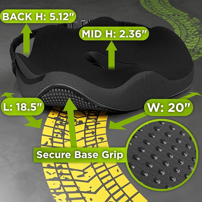 Large Truck Seat Cushion for Truck Driver Seat Cushion - CertiPUR-US® Certified Upgraded Back Support, Thick Memory Foam, Pain Relief for Hours of Driving, Trucker Approved Semi - Black