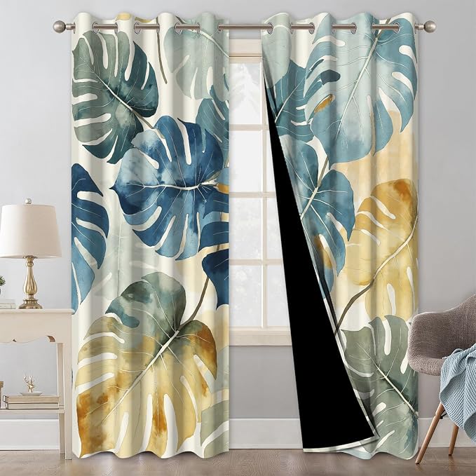 Blackout Curtains for Bedroom and Living Room, Grommet Thermal Insulated Room Darkening Bedroom Curtains, Monstera Leaves Drapes 84 Inch Long 2 Panels Set Light Filtering Reduce Noise Protect Privacy