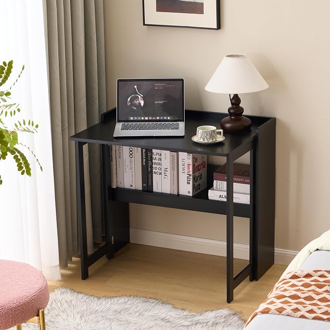 Foldable Desk，Folding Table with Storage Shelf,32.6 Inch Fold Out Computer Desk for Small Spaces,Writing Desk for Bedroom Home Office Dorm and Apartment (Black)