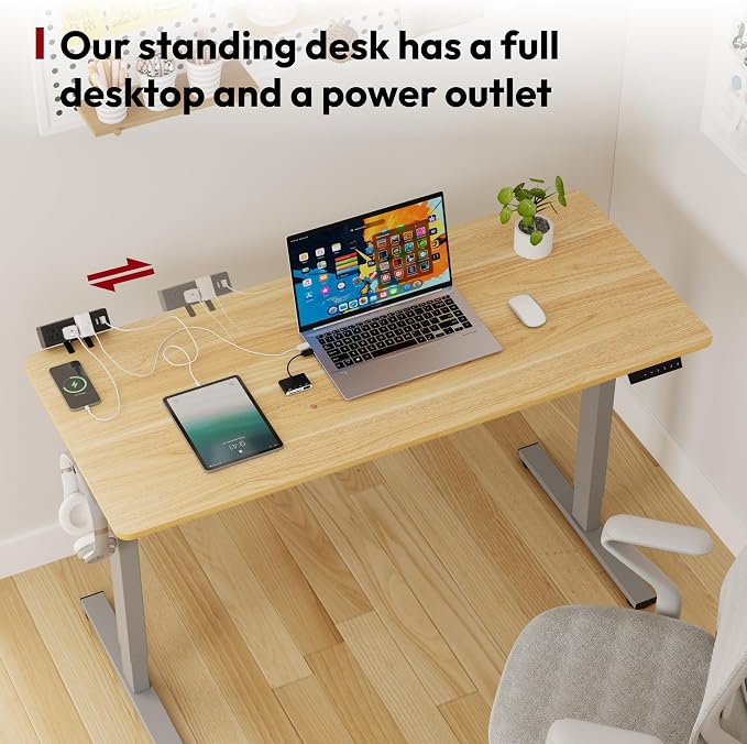 SANODESK Electric Standing Desk with Desk Clamp Power Strip 48"x 30" Whole-Piece Desktop Height Adjustable Stand Up Desk with Cable Management Sit Stand Home Office Desk Silver Frame/Maple Top