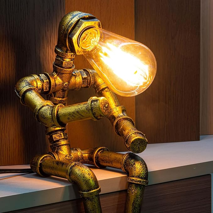 Steampunk Table Lamp, Vintage Industrial Metal Robot Table lamp, Water Pipe Table Lamp, Steam Punk Pipe Lamp Style Desktop Light for Bar Cafe Desktop Room Decoration