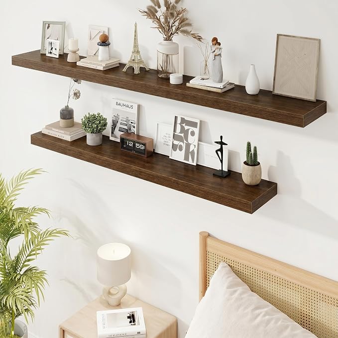 Marsmiles 55in Floating Shelves for Wall, 55" W x 9.25" D x 1.5" H, Long Wall Mounted Engineered Wood Shelves with Invisible Brackets for Living Room, Bedroom, Bathroom, Kitchen, Walnut, 2Pcs