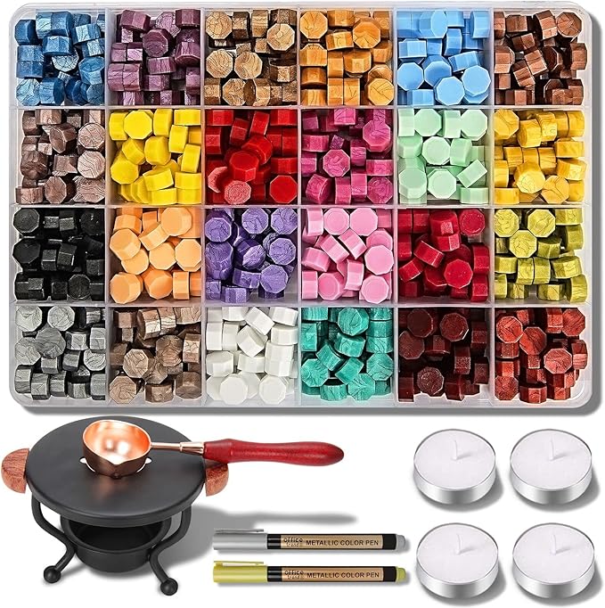 YIPLED 728PCS Wax Seal Stamp Kit with 24 Color(30 Pieces per Color) for Beginners, Ideal for Wedding Invitations, Christmas Letters, Craft Projects, Gift & Wine Sealing