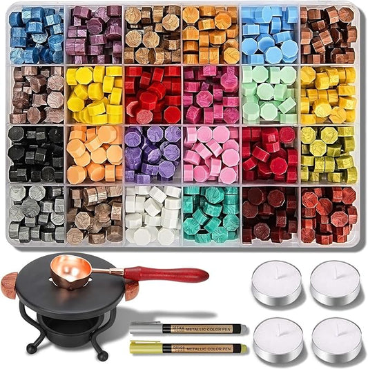 YIPLED 728PCS Wax Seal Stamp Kit with 24 Color(30 Pieces per Color) for Beginners, Ideal for Wedding Invitations, Christmas Letters, Craft Projects, Gift & Wine Sealing