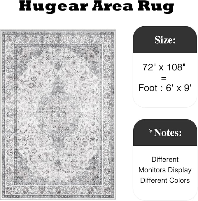 HUGEAR Area Rug 6x9 Vintage Grey Machine Washable Living Room Rugs Thin Neutral Floral Vacuumable Low Pile Carpet Bedroom Office Dining Room Laundry Room Non Slip Soft Lightweight