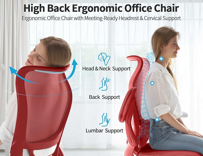 TRALT Ergonomic Office Chair- Desk Chair with Adjustable Lumbar Support | Big and Tall Back Ergonomic Desk Chair - Home Office Mesh Chairs and PU Leather Seat for Home Reading to Adults(Red)