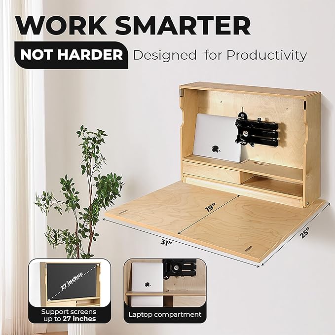 SKEENA Wall-Mounted Desk - Floating Folding Desk with Storage, Space-Saving Design for Home Office (31")