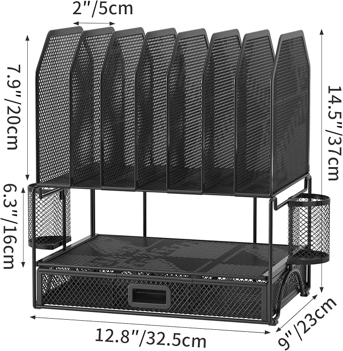 FANXIYQ Metal Desk Organizer with Sliding Drawer, 7-Section File Organizer for Desk, Desktop File Folder & Paper Organizer with 2 Hanging Pen Holders, Office Supplies Organizer, Black