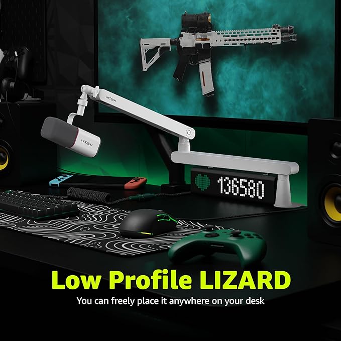 IXTECH White Microphone Boom Arm Stand Low Profile Boom Arm Adjustable Mic Stand with Built In Cable Management 360° Swivel Mic Arm.