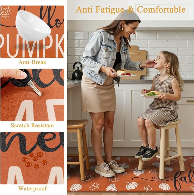 SHACOS Anti Fatigue Fall Kitchen Rugs Set of 2 Orange Mats Beige Pumpkins | Waterproof Non Slip Cushioned Kitchen Floor Mats Harvest Autumn Farmhouse Comfort Standing Mat 17x27.5+17x47"