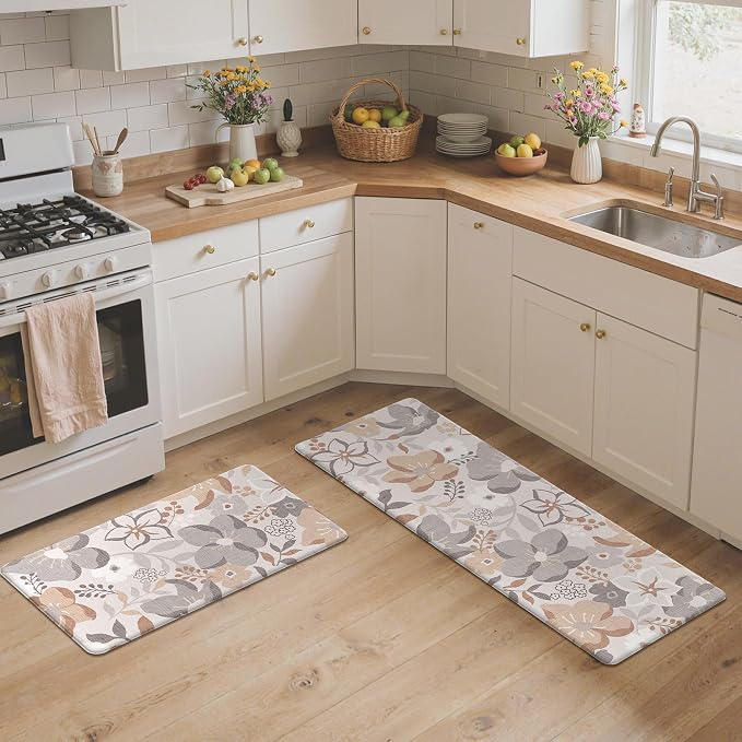 GENIMO Anti Fatigue Kitchen Mats for Floor 2PCS, Cushioned Standing Mats | 17.3"x47"&17.3"x30", Grey vintage floral rug set, waterproof, non slip, easy-clean for farmhouse