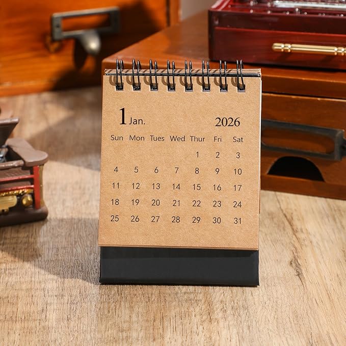 Mini Desk Calendar 2026-2027- Small Desktop Calendar January 2026 to June 2027, Mini Daily Schedule Thick Paper Twin-Wire Binding with Stickers for Home Office School (Kraft paper color)
