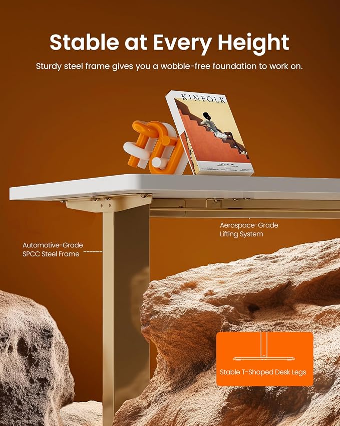ErGear Height Adjustable Electric Standing Desk, 32 x 19 Inches Sit Stand up Desk, Memory Computer Home Office Desk, White+Gold