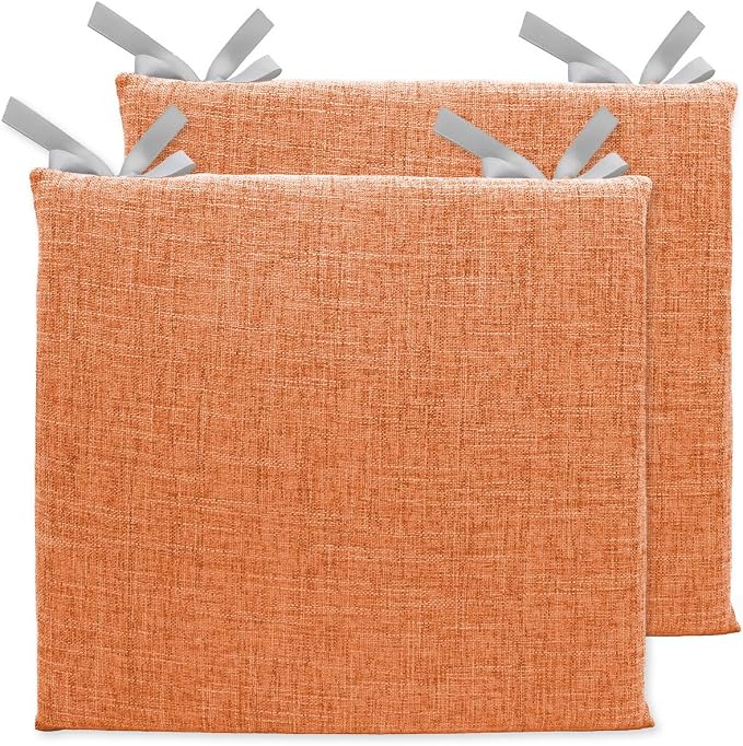 Lifup 2 Pack Chair Cushion Memory Foam Pads, Square Non-Slip Thick Dining Chair Cushions with Ties and Removable Cover for Home Office Restaurant Chair Pads Orange 18 x 18 Inch