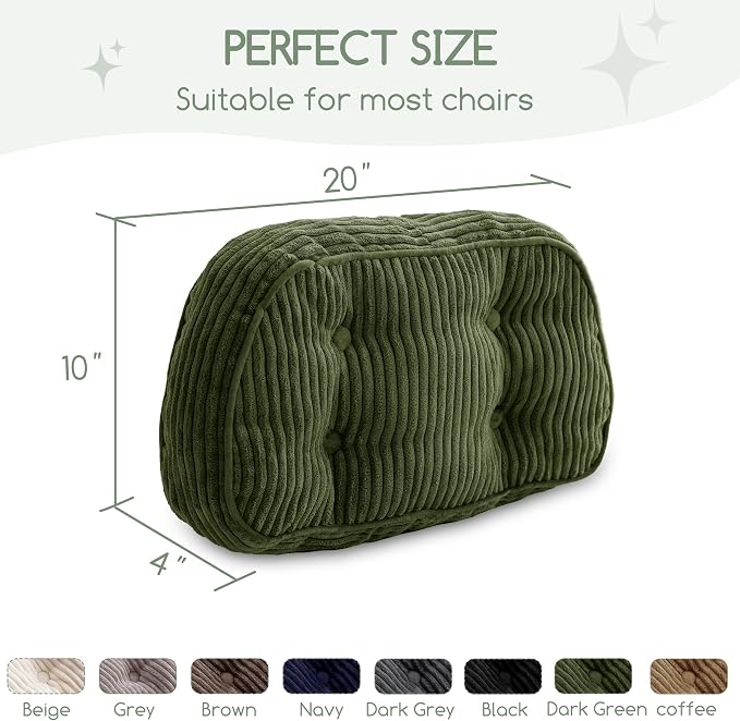 HIGOGOGO Lumbar Support Pillow for Recliner Chair/Accent Chair/Couch/Office Chair, Tufted Corduroy Back Support Cushion for Elderly, Recliner Cushions for Back Rest, Pain Relief, Reading, Dark Green