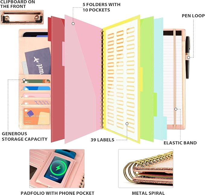 Ospelelf Clipboard with Storage for Women, Leather Padfolio Portfolio Organizer 5 Folders with 10 Pockets, Spiral Clipboard Folio with Notepad for Letter Size, Elastic Closure and Pen Loop Rose Gold